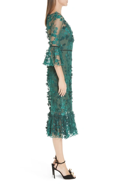 Shop Marchesa Notte Embroidered Ruffle Trim Sheath Dress In Emerald