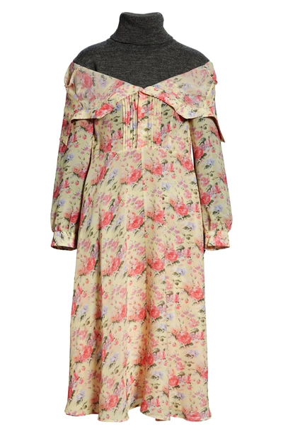 Shop Junya Watanabe Mixed Media Floral Turtleneck Dress In Yellow/ Pink/ Ppl/ Grey