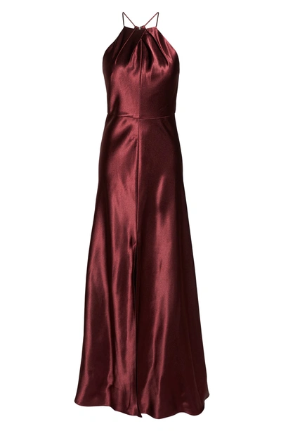 Shop Jenny Yoo Cameron Halter Neck Satin Back Gown In Hibiscus