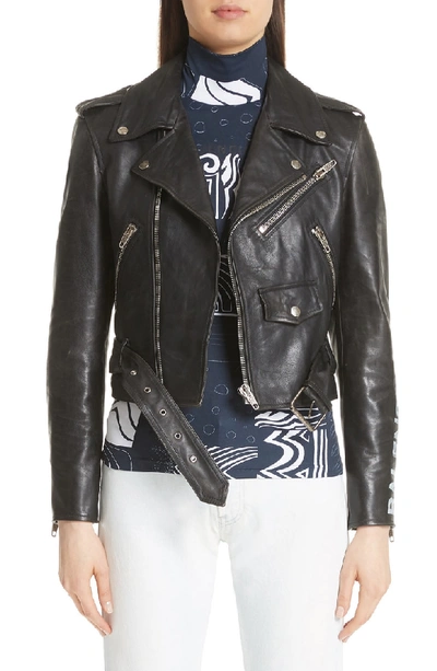 Shop Balenciaga Logo Sleeve Leather Moto Jacket In Black