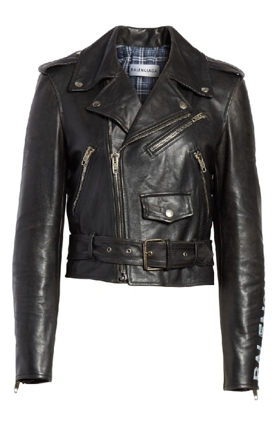 Shop Balenciaga Logo Sleeve Leather Moto Jacket In Black