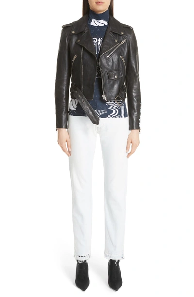 Shop Balenciaga Logo Sleeve Leather Moto Jacket In Black