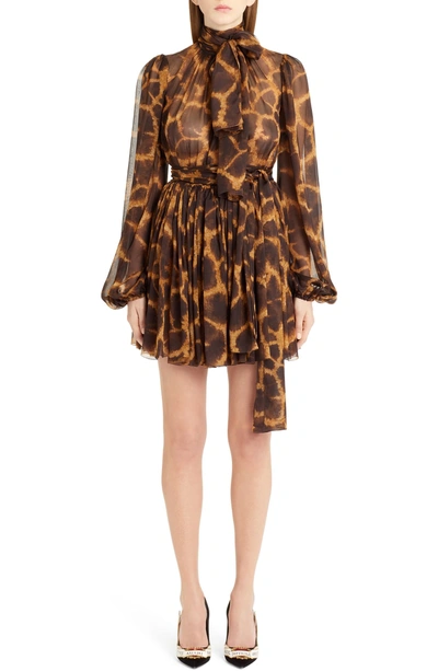 Shop Dolce & Gabbana Giraffe Print Silk Dress In Brown