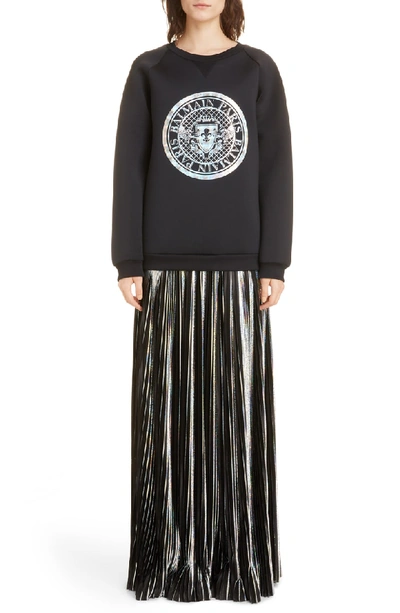 Shop Balmain Hologram Plisse Jersey Maxi Skirt In Hologramme / Noir
