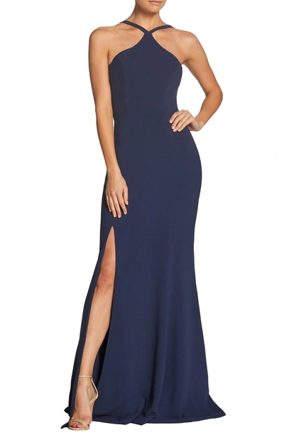 Shop Dress The Population Brianna Halter Style Trumpet Gown In Midnight Blue
