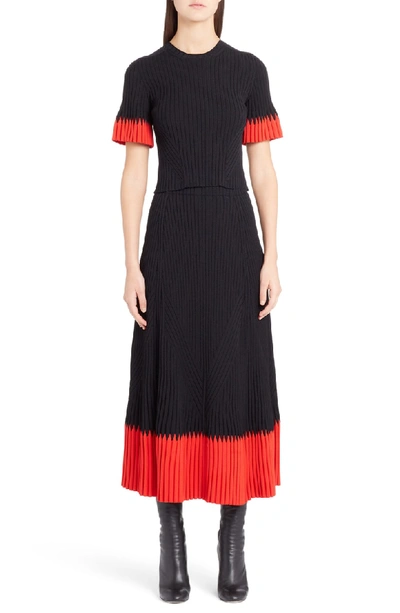 Shop Alexander Mcqueen Rib Knit Midi Skirt In Black/ Red