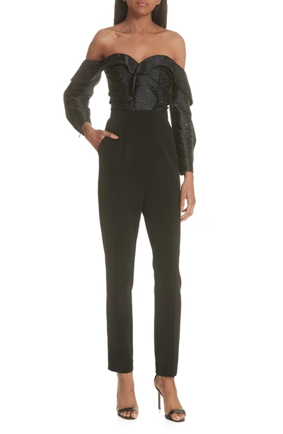 Shop Self-portrait Midnight Jacquard Jumpsuit In Black