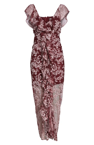Shop Wayf Marie Ruffle Maxi Dress In Burgundy Lace