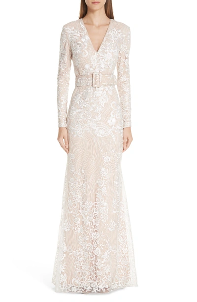 Shop Badgley Mischka Embroidered Belted Gown In Ivory