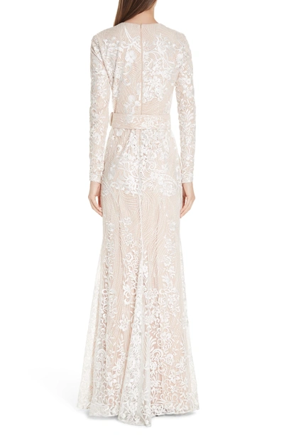 Shop Badgley Mischka Embroidered Belted Gown In Ivory