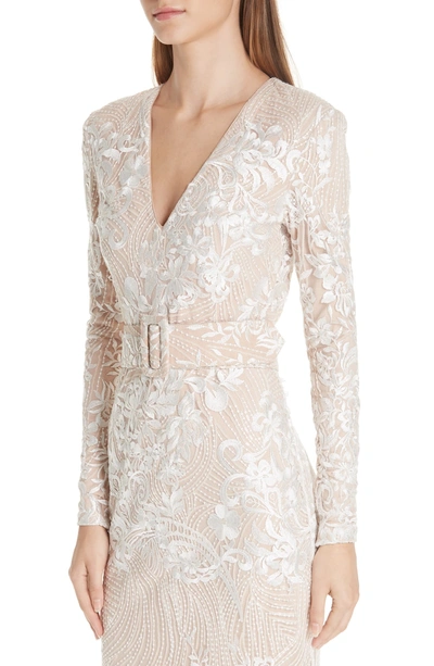 Shop Badgley Mischka Embroidered Belted Gown In Ivory