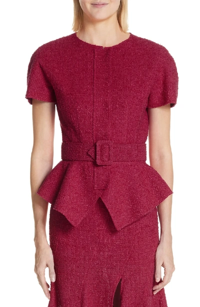 Shop Oscar De La Renta Belted Peplum Wool Blend Tweed Jacket In Raspberry