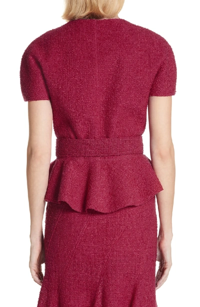Shop Oscar De La Renta Belted Peplum Wool Blend Tweed Jacket In Raspberry