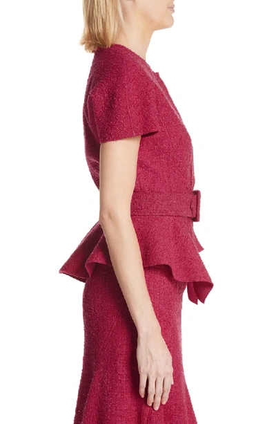 Shop Oscar De La Renta Belted Peplum Wool Blend Tweed Jacket In Raspberry