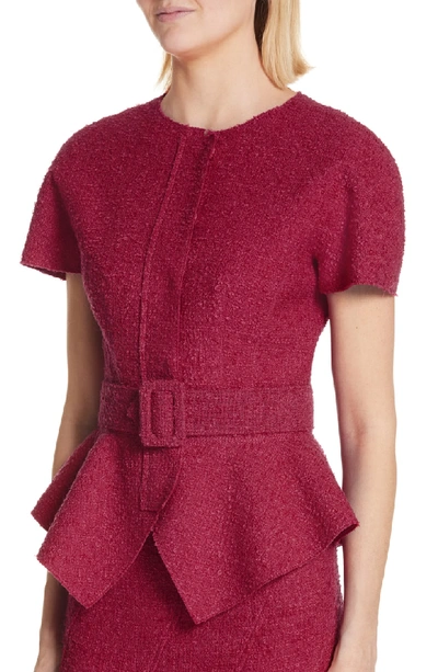 Shop Oscar De La Renta Belted Peplum Wool Blend Tweed Jacket In Raspberry