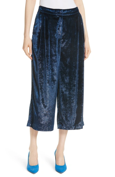 Shop Tibi Stella Metallic Velvet Wide Leg Crop Pants In Navy