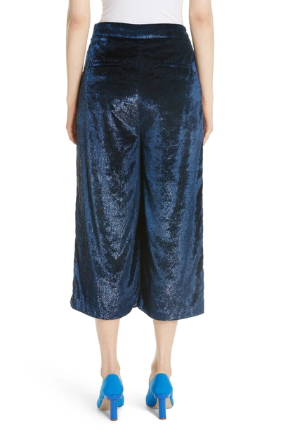 Shop Tibi Stella Metallic Velvet Wide Leg Crop Pants In Navy