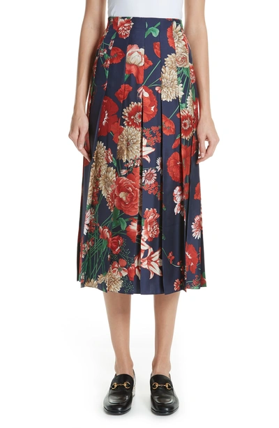 Shop Gucci Spring Bouquet Print Silk Pleated Skirt In Blue/ Red Print