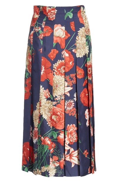 Shop Gucci Spring Bouquet Print Silk Pleated Skirt In Blue/ Red Print