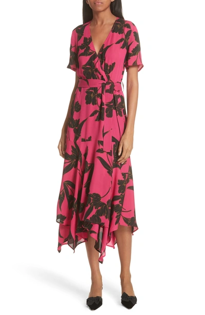 Shop A.l.c Cora Print Silk Midi Wrap Dress In Hot Pink/ Black