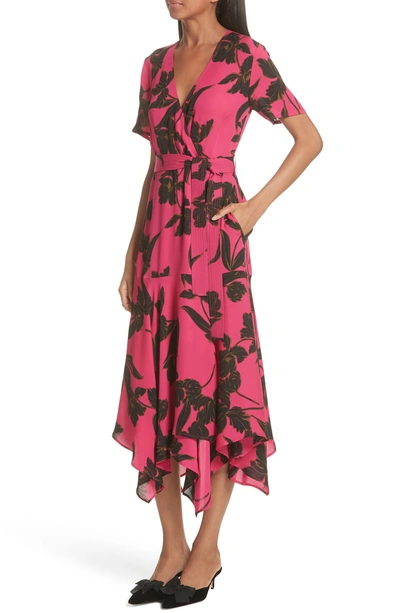 Shop A.l.c Cora Print Silk Midi Wrap Dress In Hot Pink/ Black