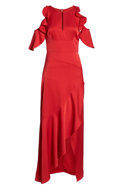 Shop ml Monique Lhuillier Ruffle Cold Shoulder Gown In Red