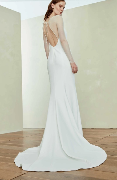 Shop Amsale Illusion Sleeve Crepe Trumpet Gown In Ivory