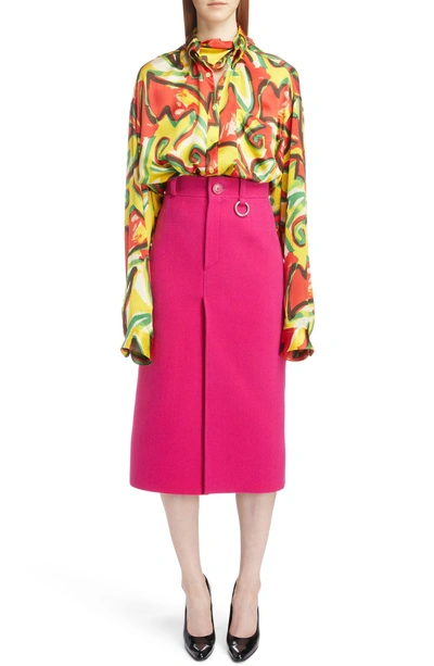 Shop Balenciaga Couture Floral Print Satin Crepon Shirt In 6530-red/ Yellow