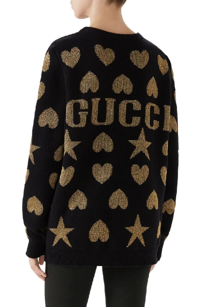 Shop Gucci Metallic Logo Wool Blend Sweater In Black/ Gold