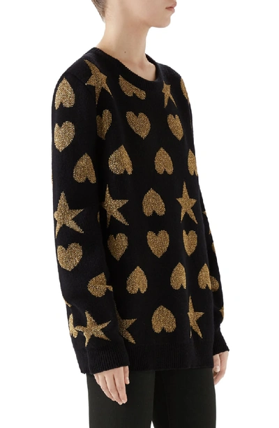 Shop Gucci Metallic Logo Wool Blend Sweater In Black/ Gold