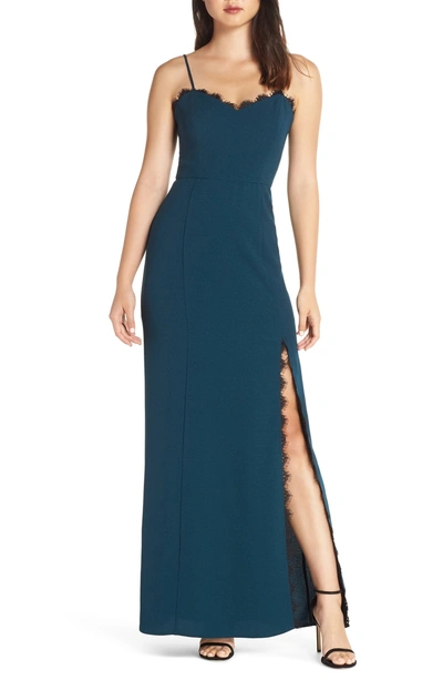 Shop Wayf The Mia Lace Trim Front Slit Gown In Dark Teal