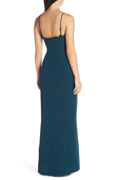 Shop Wayf The Mia Lace Trim Front Slit Gown In Dark Teal