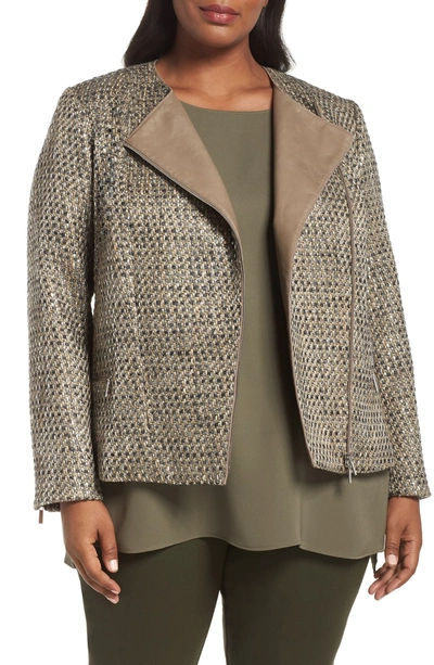 Shop Lafayette 148 Trista Tweed & Leather Jacket In Sahara Multi