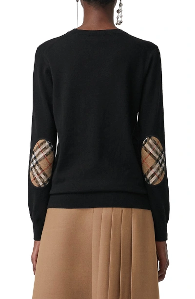 Shop Burberry Bempton Tartan Elbow Patch Merino Wool Sweater In Black