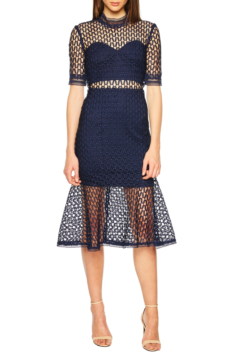 bardot fiona lace trumpet dress