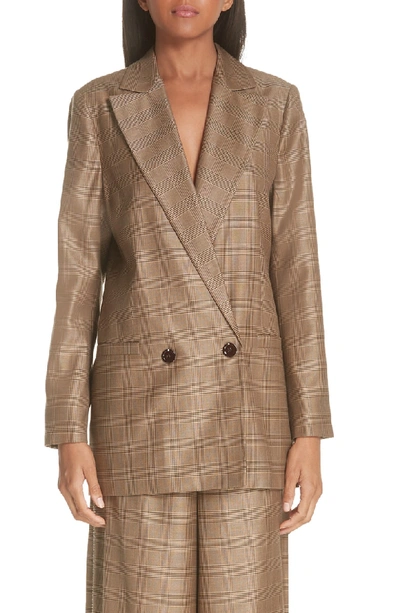 Shop Ganni Double Breasted Check Silk & Wool Blazer In Hazelnut