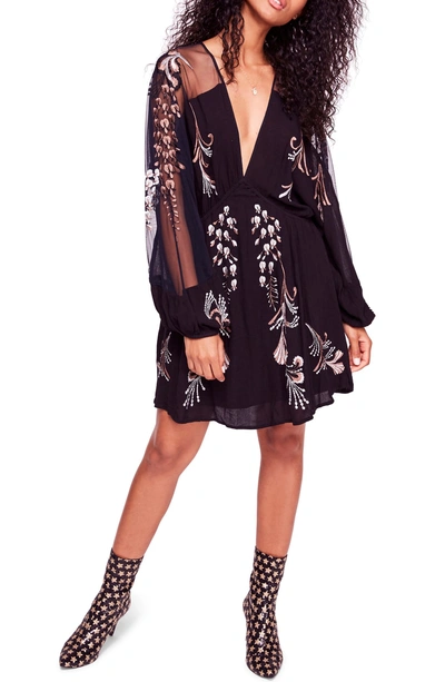 Shop Free People Bonjour Embroidered Illusion Lace Minidress In Black