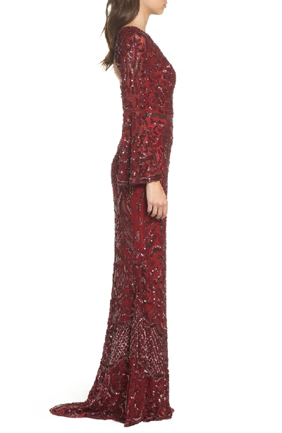 Shop Mac Duggal Sequin Bell Sleeve Gown In Burgundy