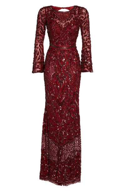 Shop Mac Duggal Sequin Bell Sleeve Gown In Burgundy