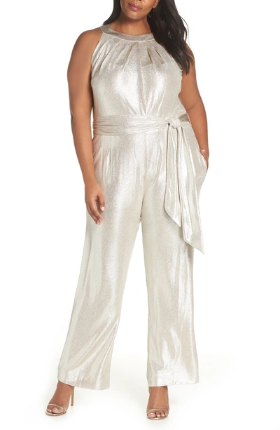 Shop Tahari Metallic High Neck Jumpsuit In Ivory/ Silver