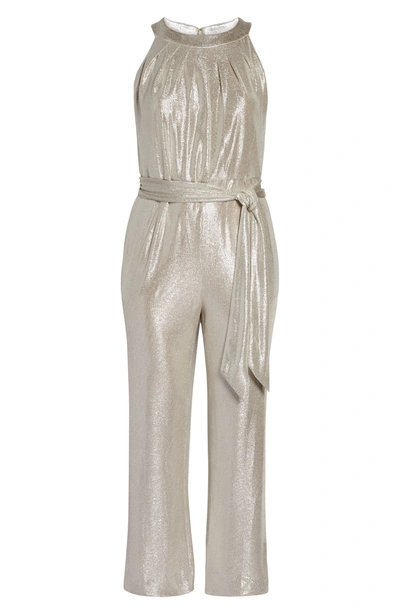 Shop Tahari Metallic High Neck Jumpsuit In Ivory/ Silver