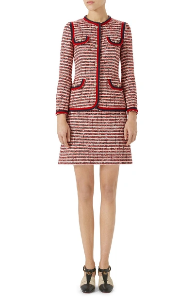 Shop Gucci Stripe Tweed Jacket In Gardenia-hibiscus Red Stripe