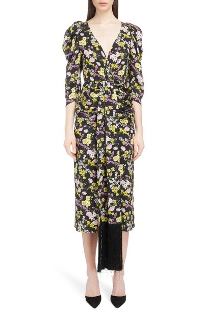 Shop Magda Butrym Ruched Floral Print Silk Midi Dress In Black