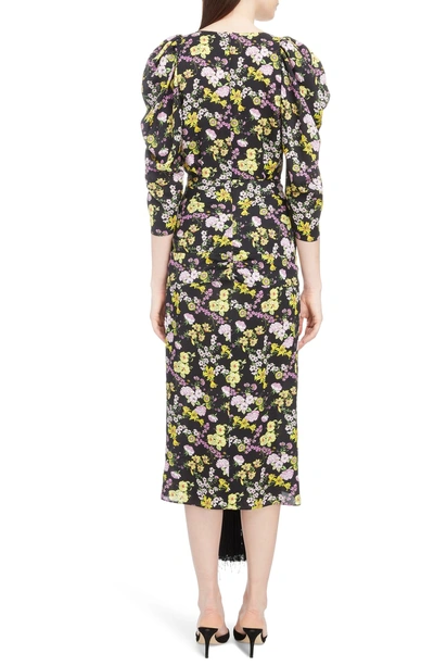 Shop Magda Butrym Ruched Floral Print Silk Midi Dress In Black