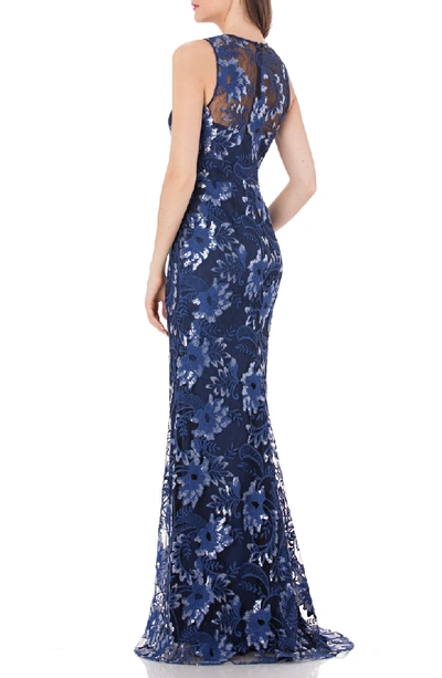 Shop Carmen Marc Valvo Infusion Sequin Embroidered Trumpet Gown In Blue