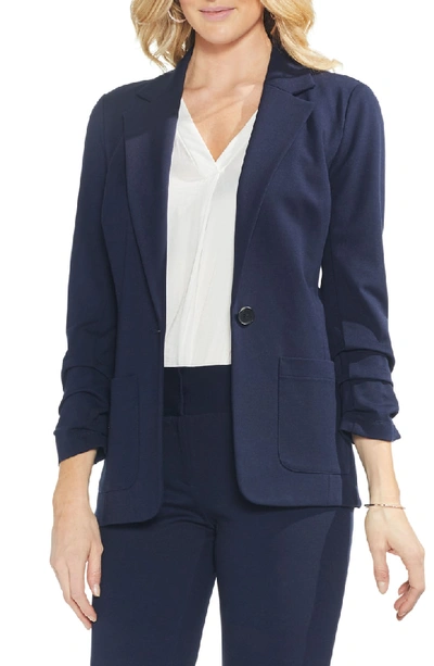 Shop Vince Camuto Ruched Sleeve Ponte Blazer In Classic Navy
