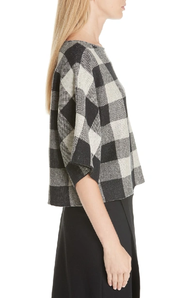 Eileen Fisher 3/4-sleeve Linen Checkerboard Sweater In Black