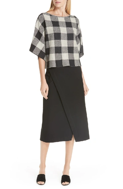 Eileen Fisher 3/4-sleeve Linen Checkerboard Sweater In Black