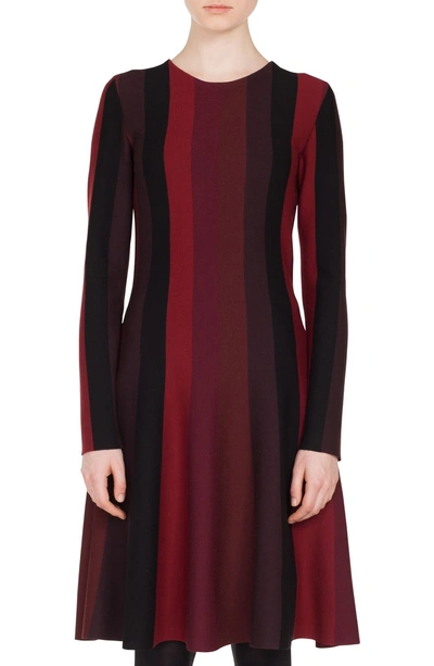 Shop Akris Punto Stripe Wool Dress In Burgundy/ Black Cherry/ Black