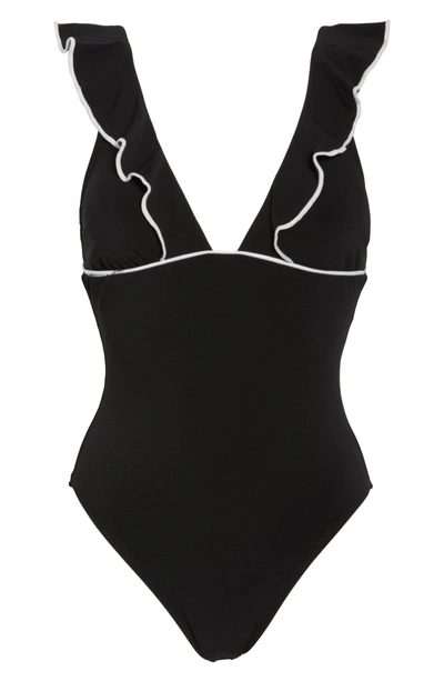 Shop Robin Piccone Malia Ruffle One-piece Swimsuit In Black/ White